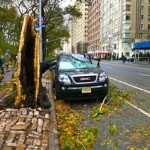 A motorist surveys some car damage from Sandy